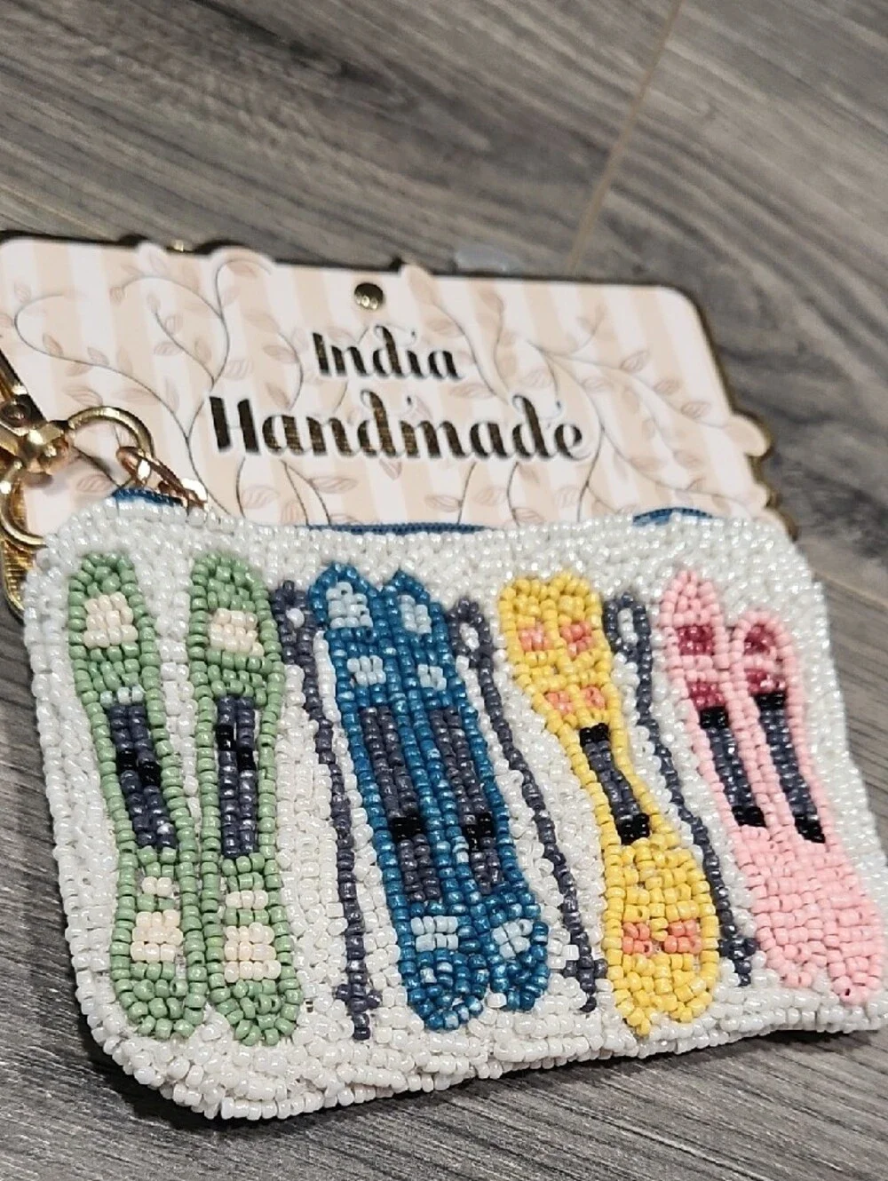 Beaded Key & Card Pouch - White with Pastel Skis Motif